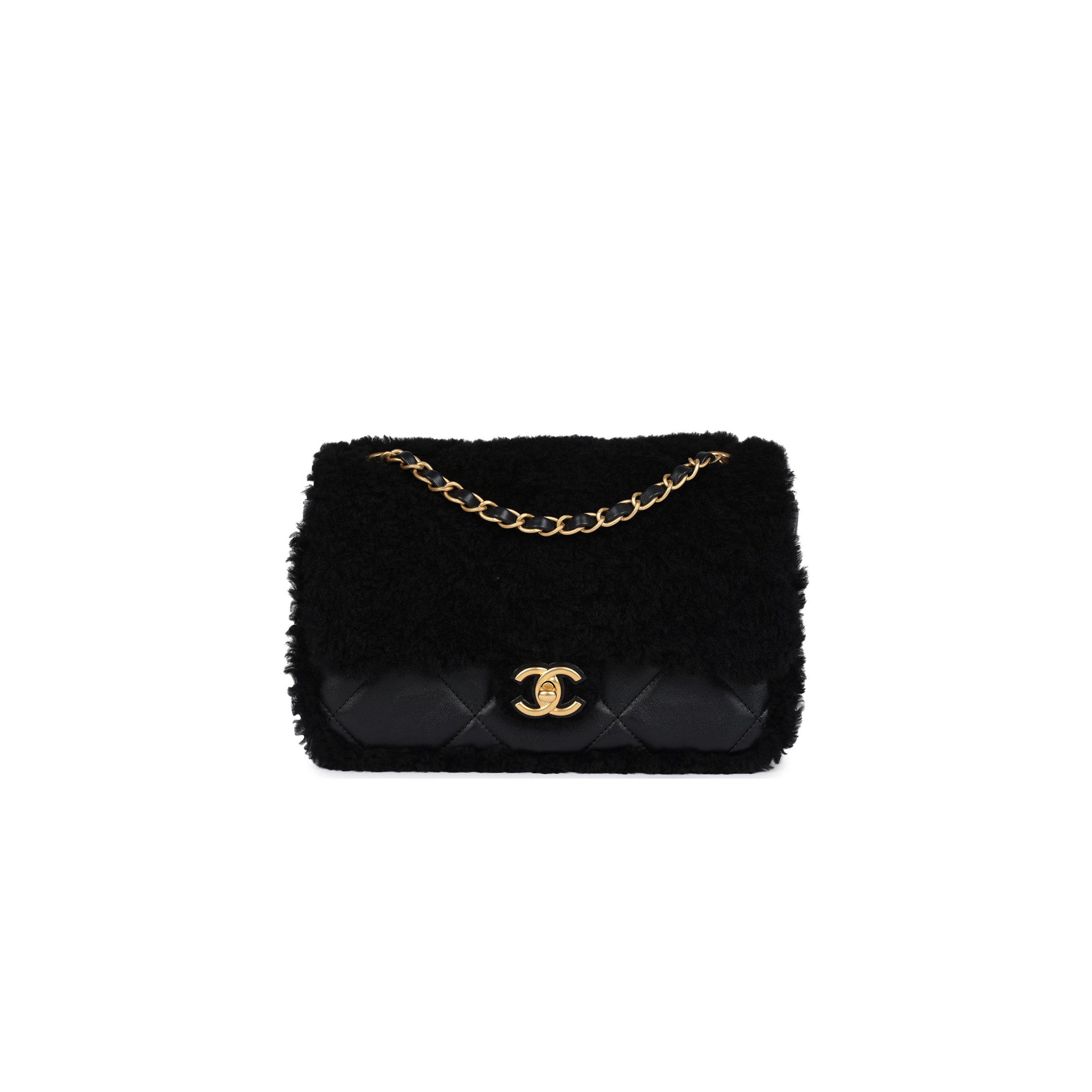 CHANEL MEDIUM SHEARLING FLAP BAG BLACK LAMBSKIN BRUSHED GOLD HARDWARE  (23.5*16*7.5cm)